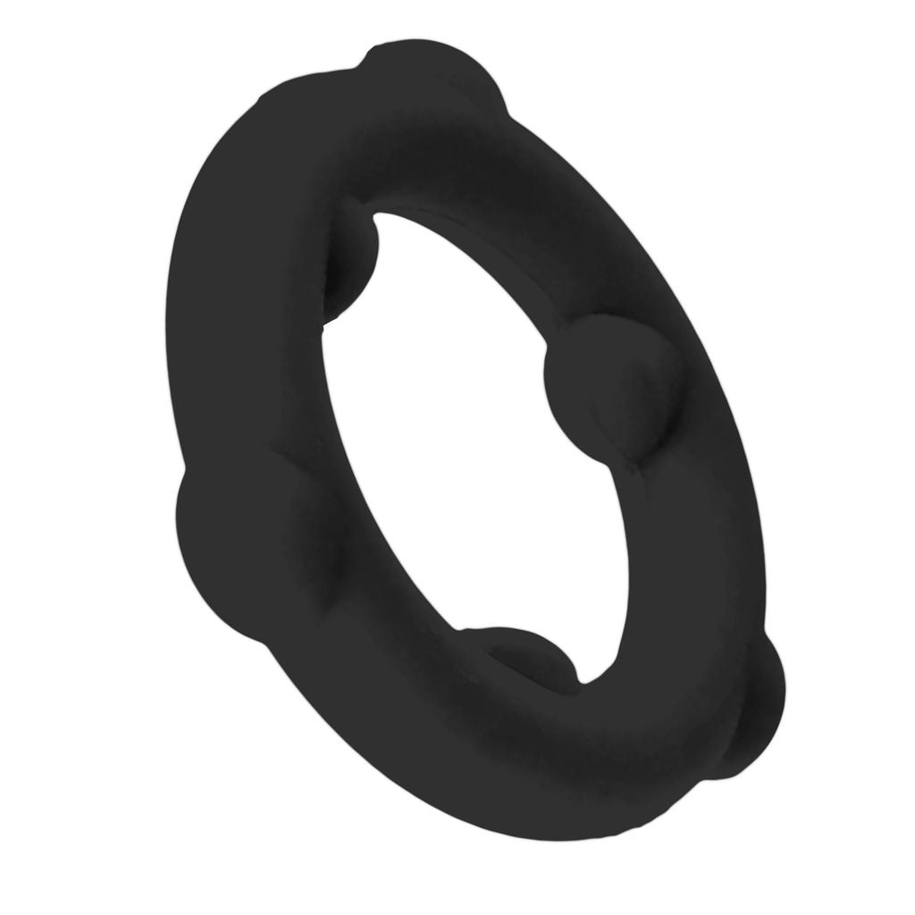 Black silicone cock ring with raised nubs.
