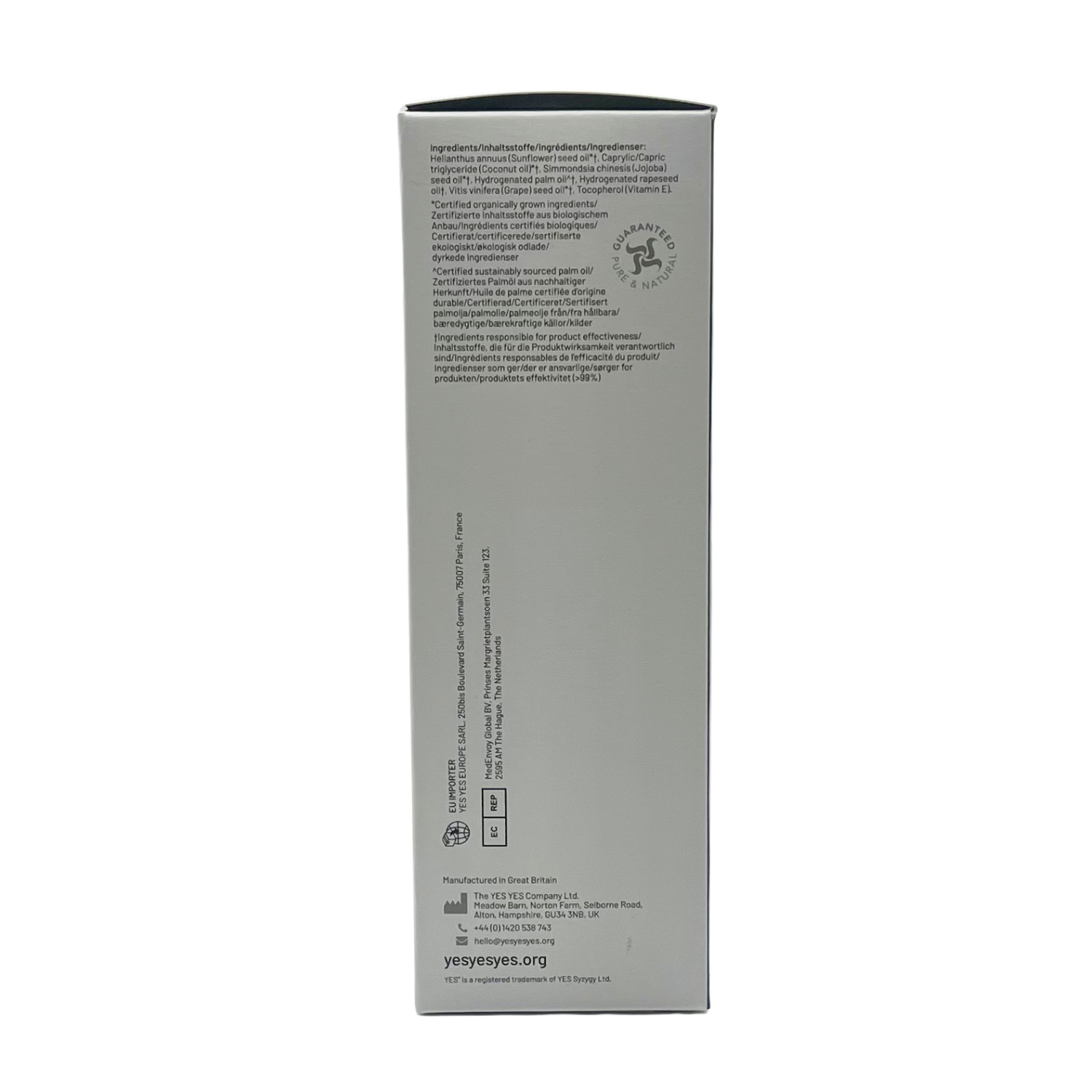 Box with ingredients and company information for YES Organic Coconut Oil Lubricant.