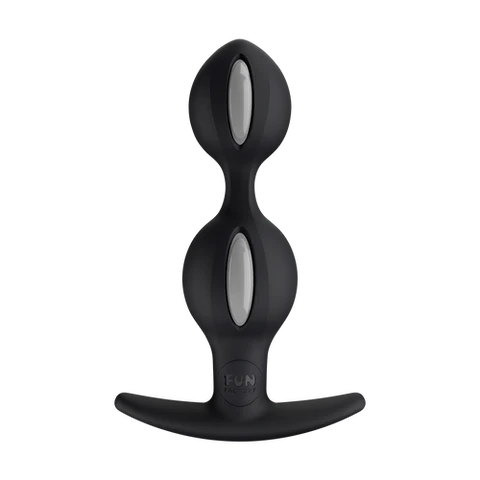Black weighted anal plug with two inner rolling balls and a flared base.