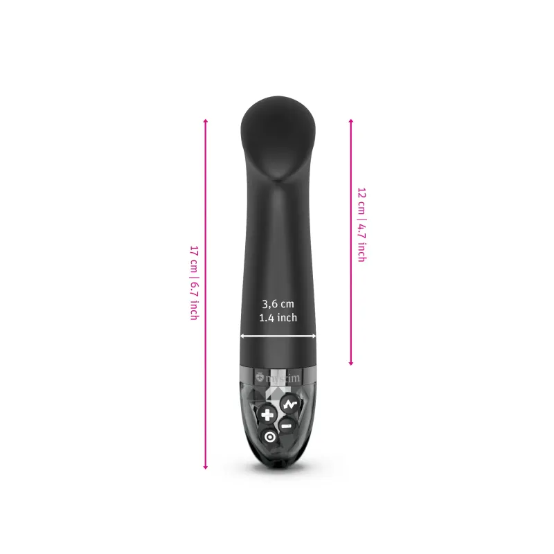 Black silicone vibrator with dimensions and control buttons.