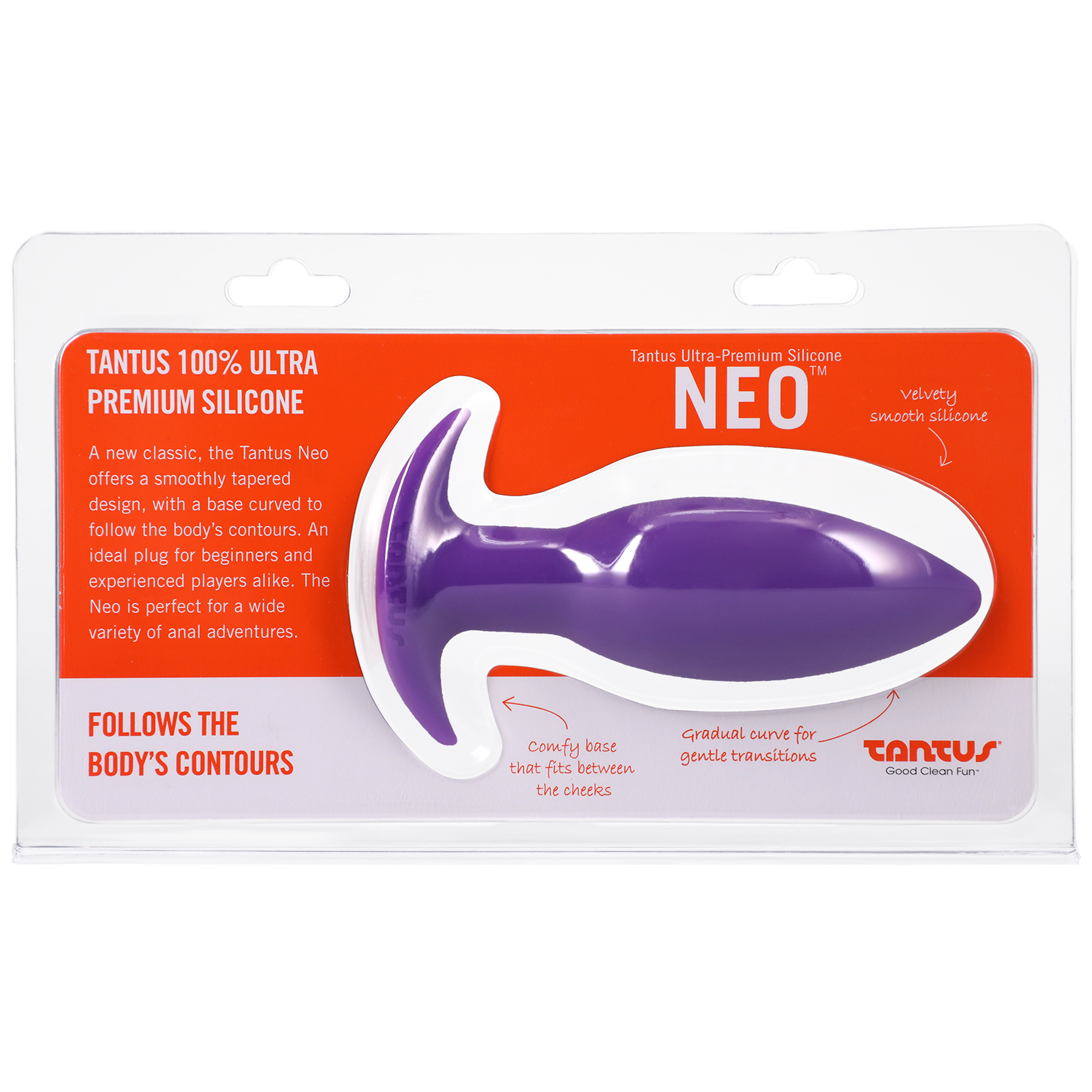 Purple Tantus Neo silicone tapered anal plug in packaging.
