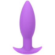A purple, tapered silicone butt plug with a flared base and the Tantus logo.