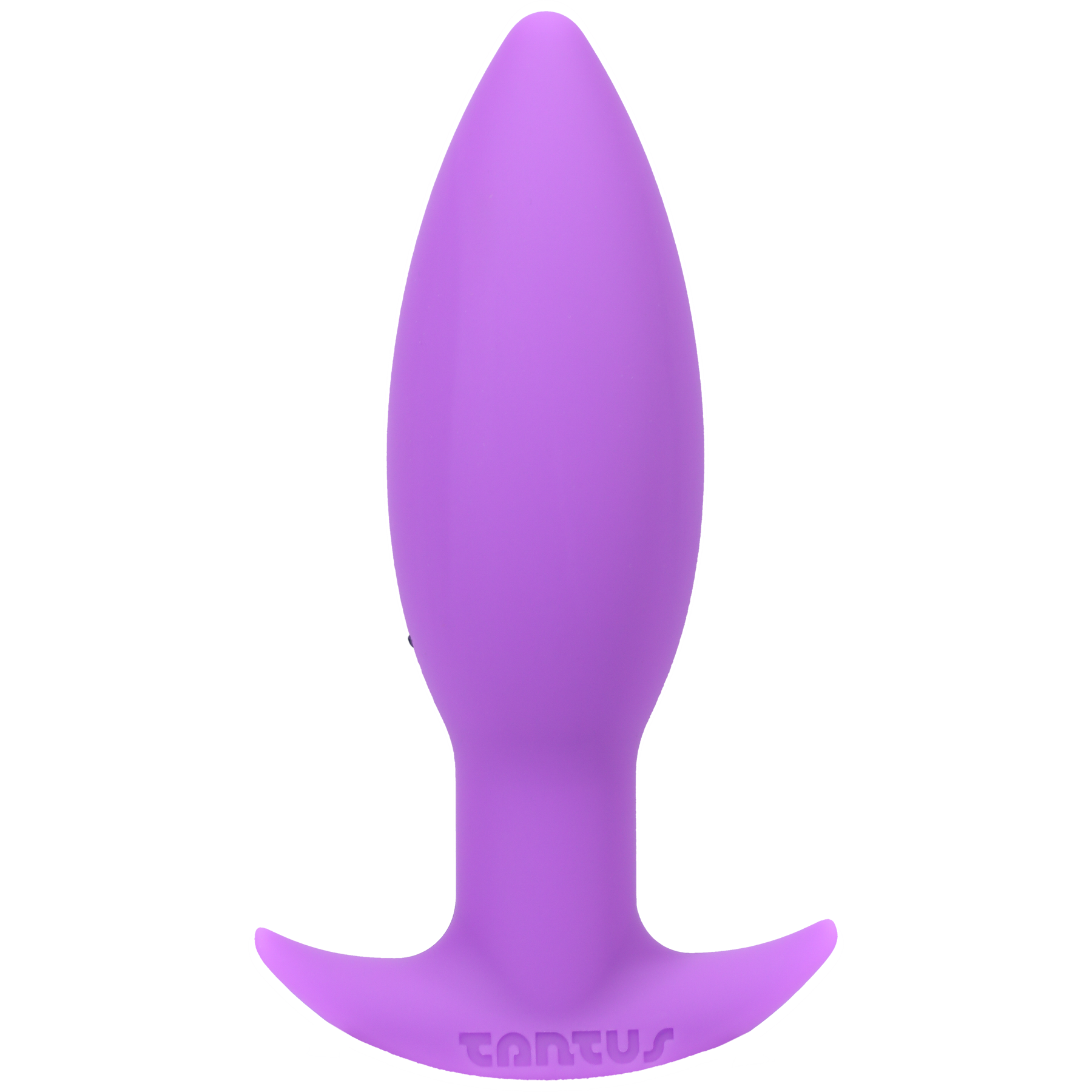 A purple, tapered silicone butt plug with a flared base and the Tantus logo.