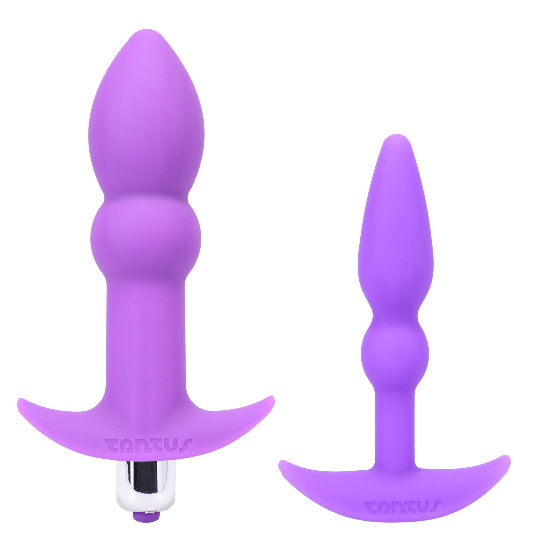 Two lilac silicone anal plugs, one larger than the other, with flared bases.