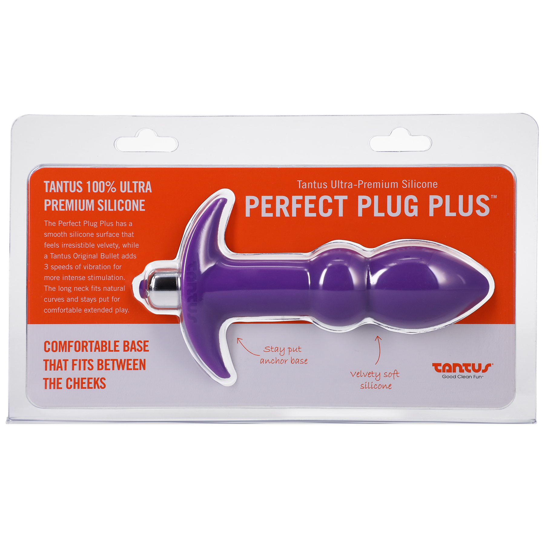 Purple vibrating silicone anal plug with anchor base and text.
