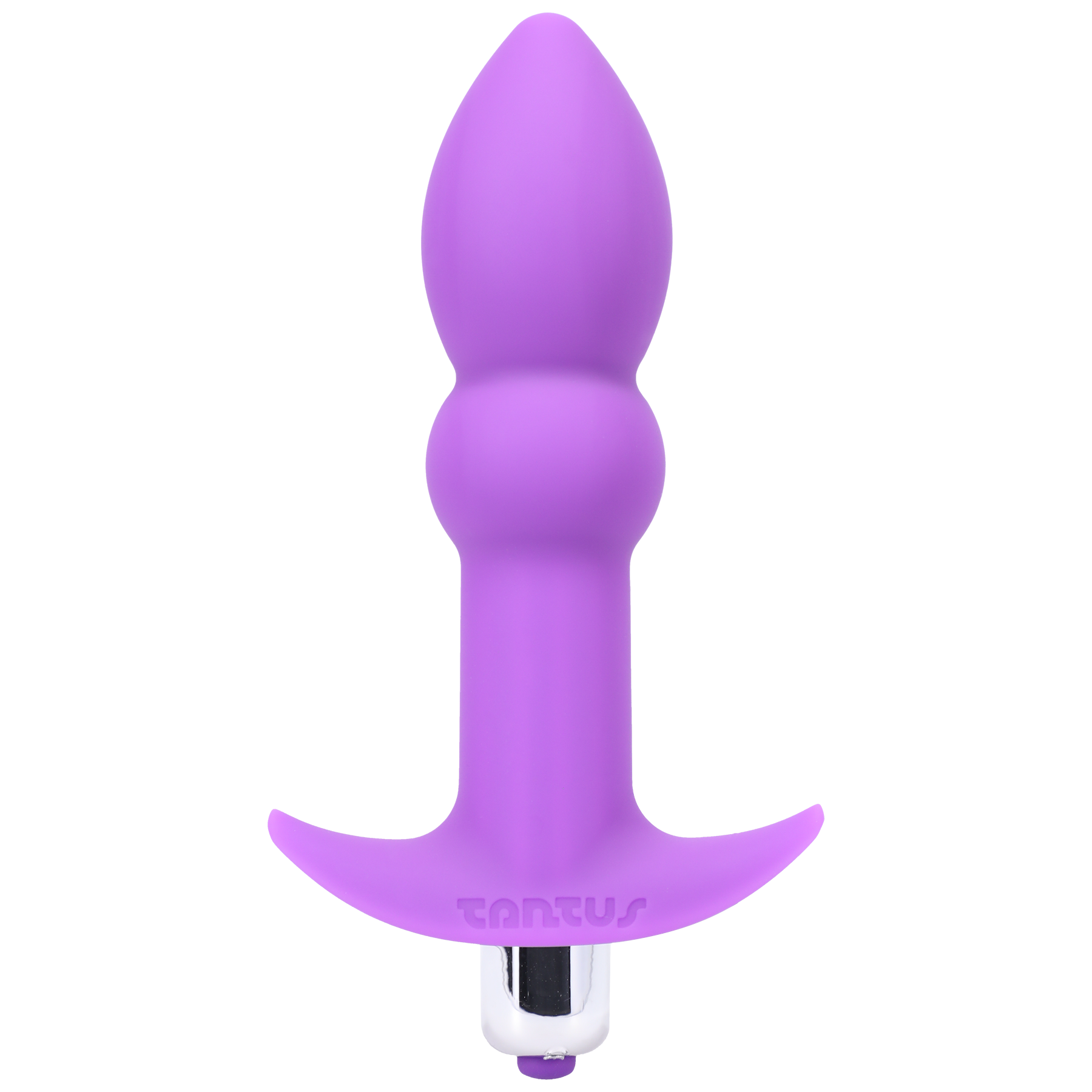 Purple vibrating silicone anal plug with a flared base.