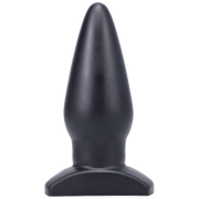 A black silicone anal butt plug with a flared base.