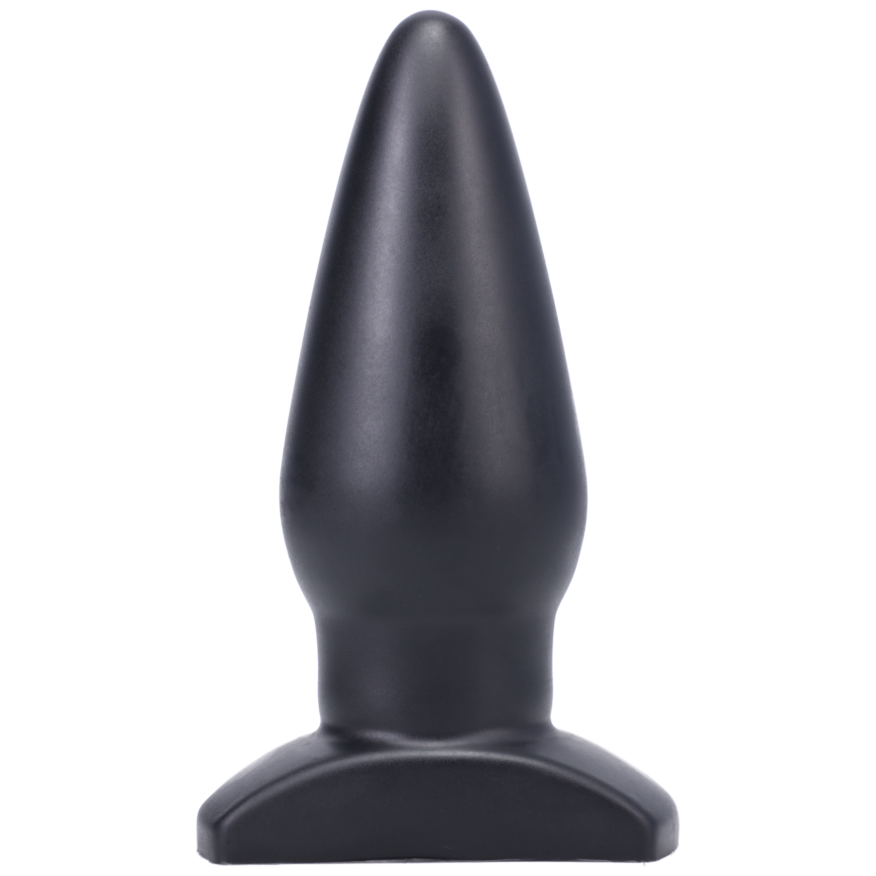 A black silicone anal butt plug with a flared base.