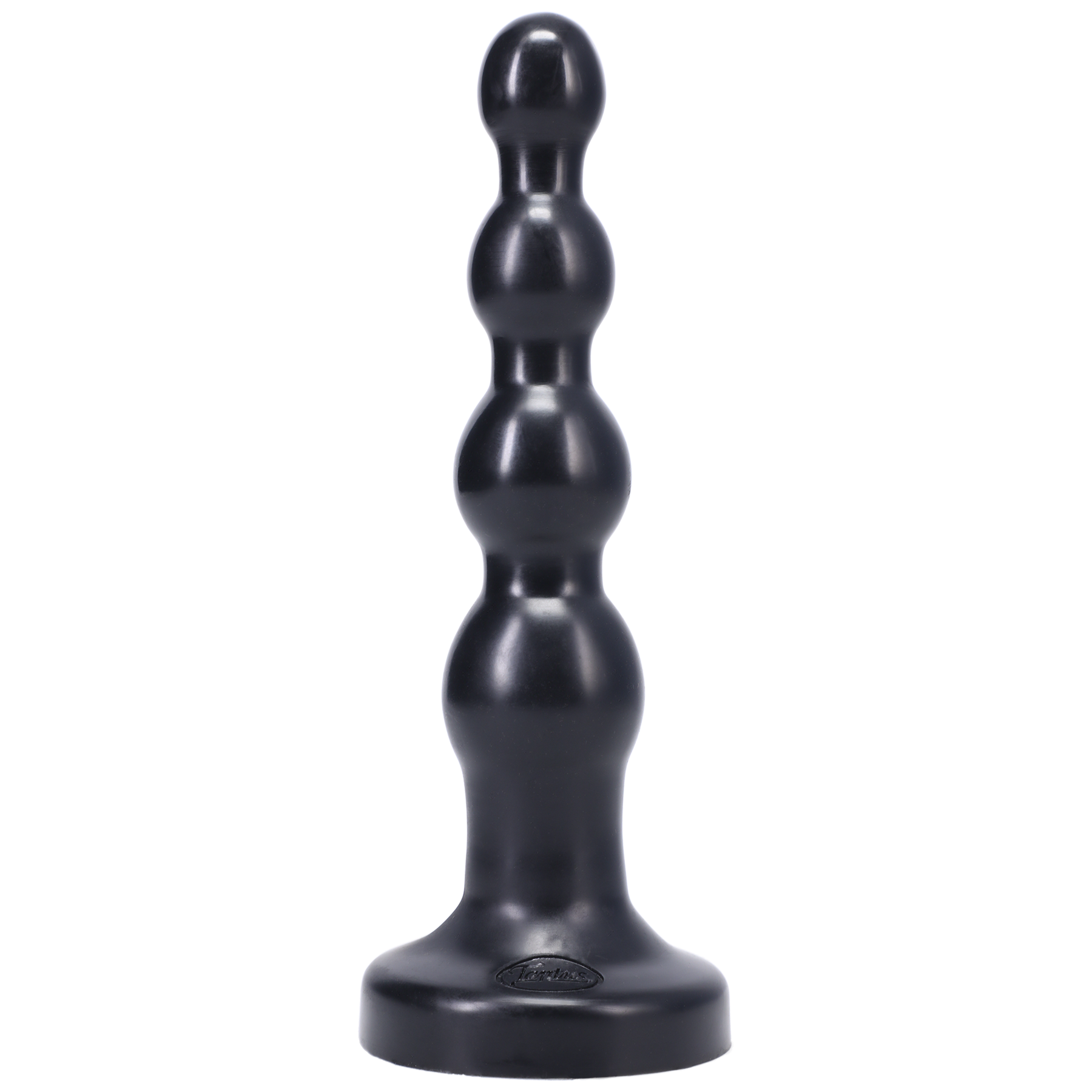 Black silicone anal beads and dildo with a flared base.