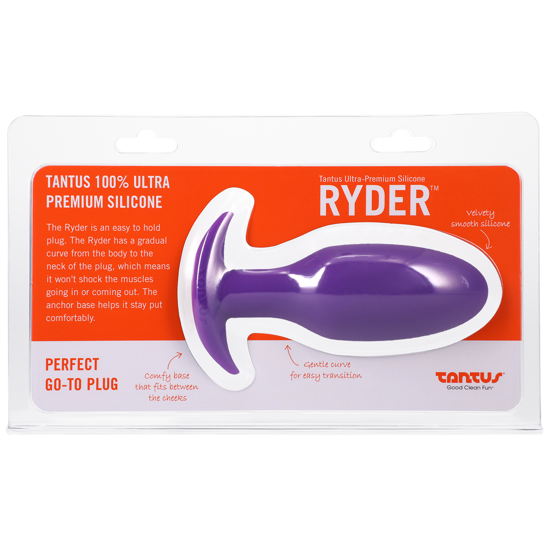 A lilac Ryder silicone anal butt plug in packaging.