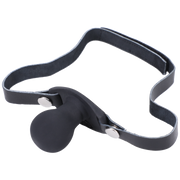 Black silicone ball gag with adjustable leather straps.