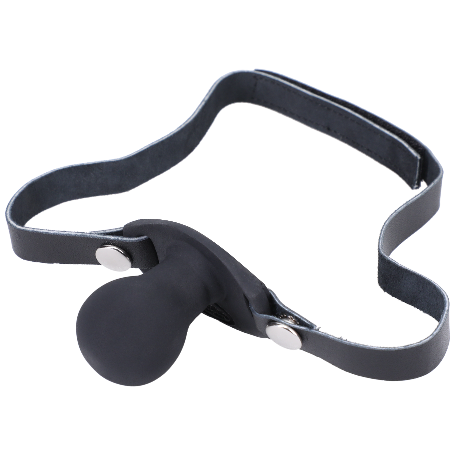 Black silicone ball gag with adjustable leather straps.