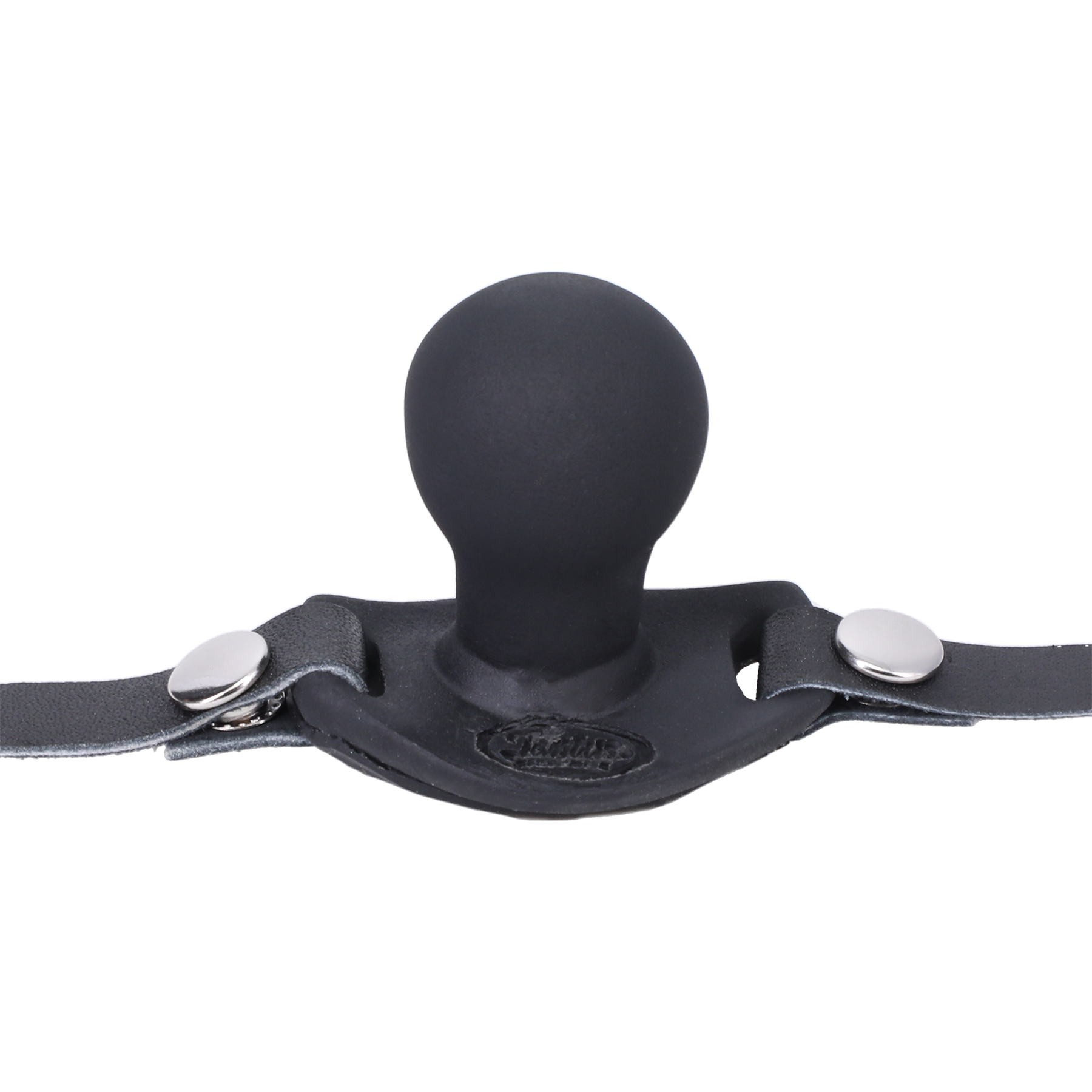 Black silicone ball gag with adjustable leather straps.
