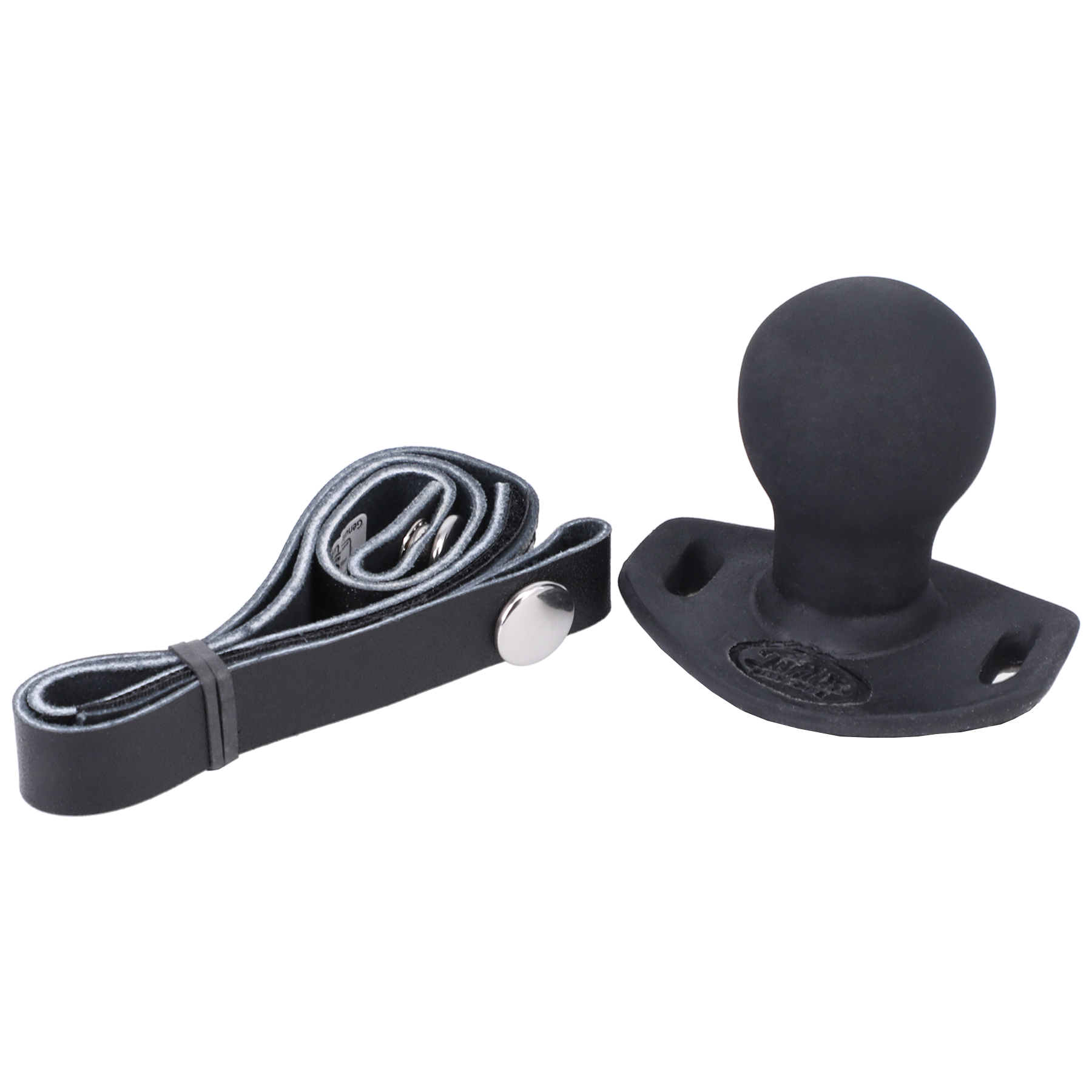 Black silicone ball gag with adjustable leather straps.