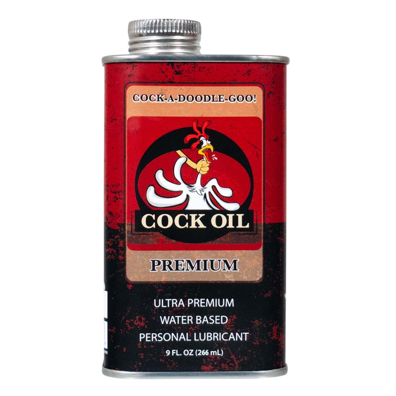 A 9 oz can of Cock Oil water-based personal lubricant with a rooster graphic.