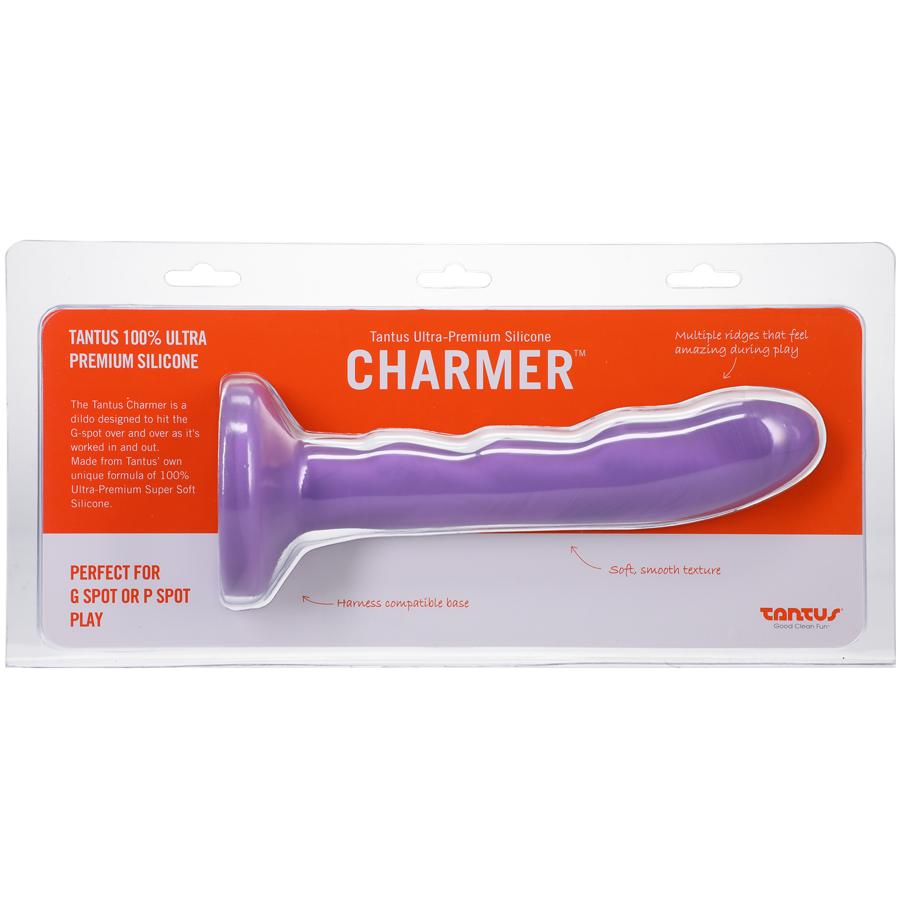 Lavender curved silicone dildo with ridges and a harness compatible base.