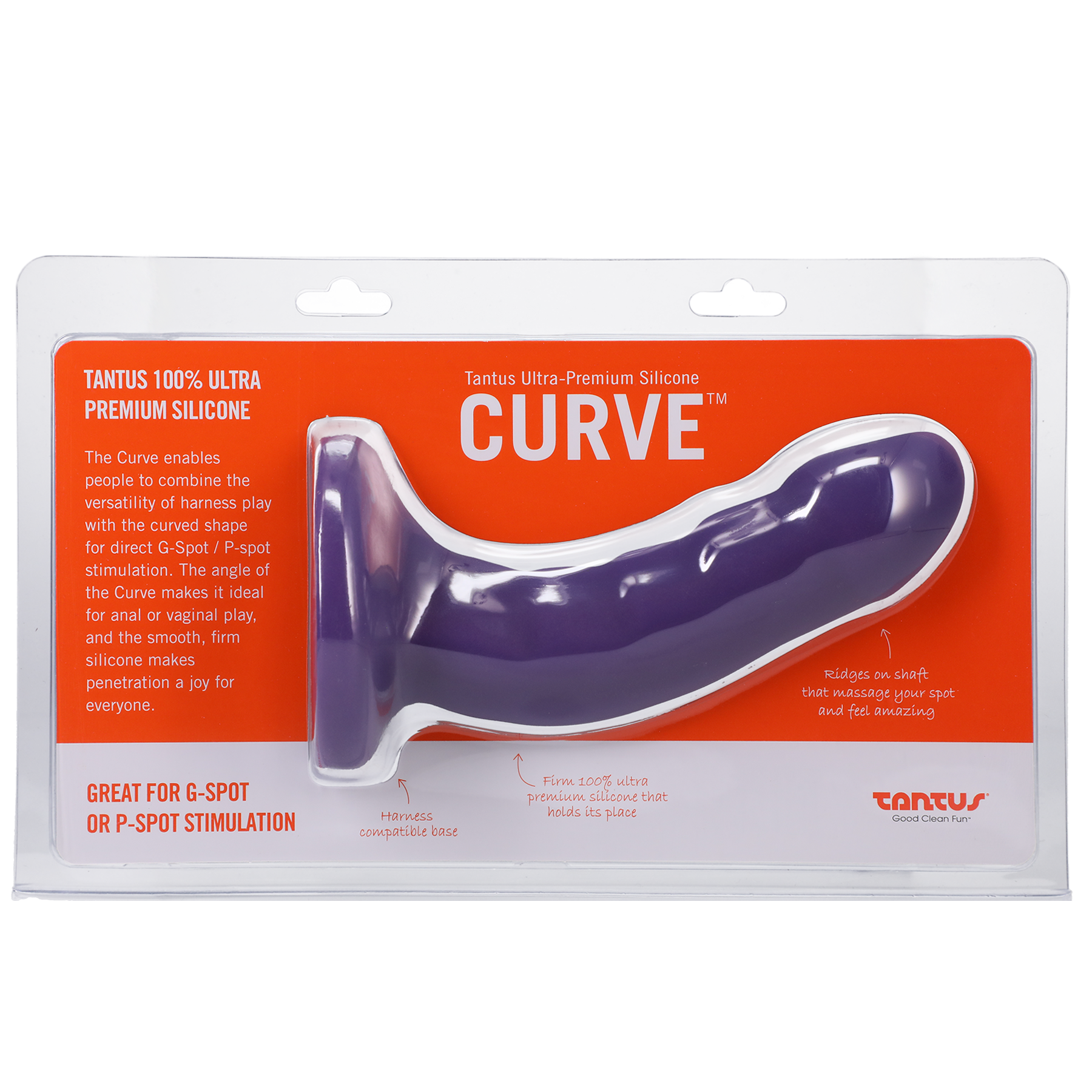 Purple silicone Curve G-spot and P-spot stimulator in packaging.