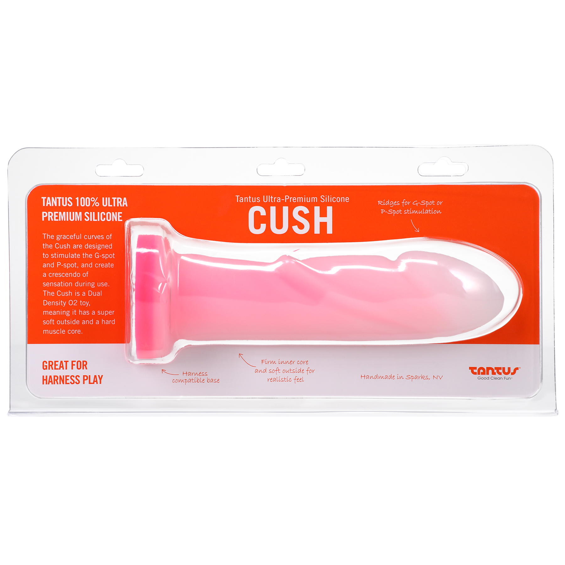 Pink dual density silicone G-spot toy in packaging with product details.