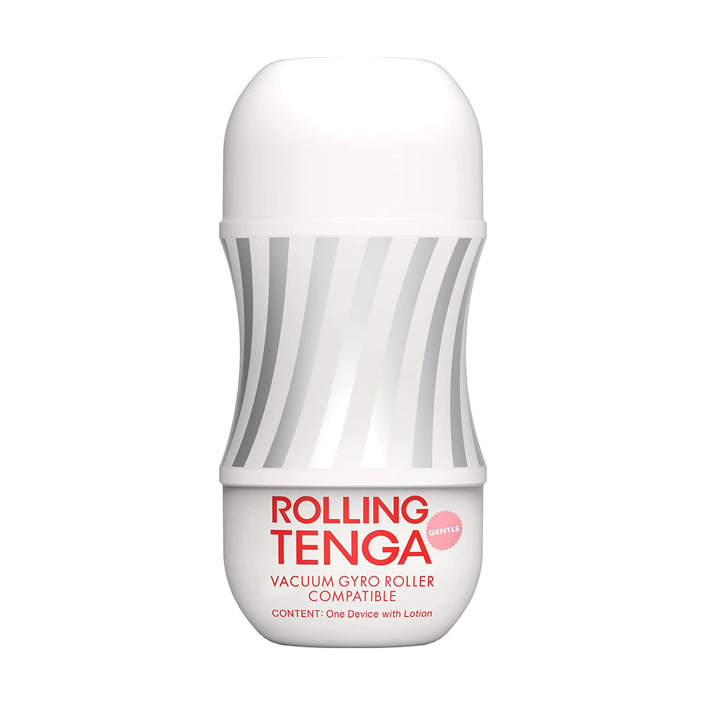 White and silver Tenga Rolling Cup Gentle with red text.