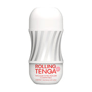 White and silver Tenga Rolling Cup Gentle with red text.