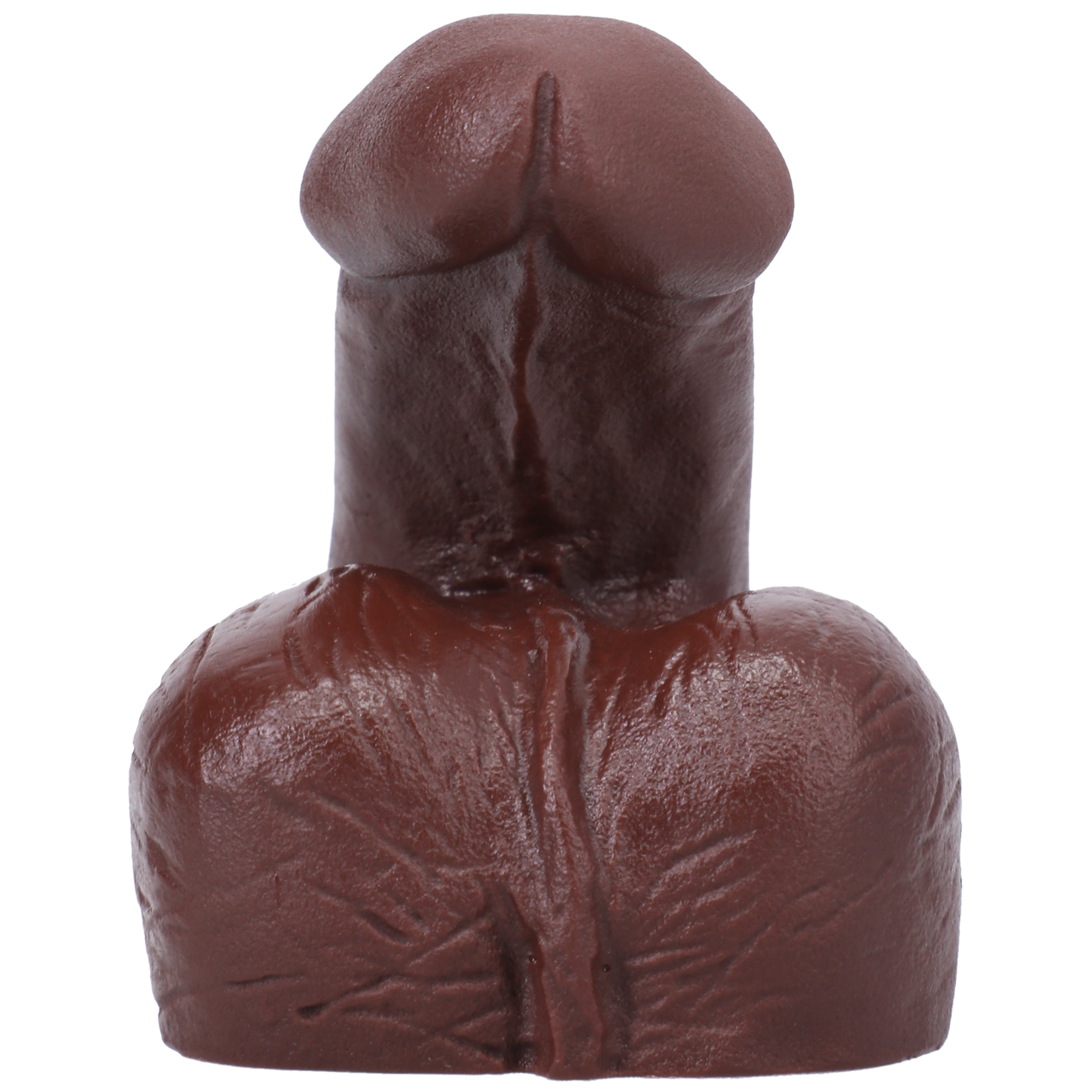 Brown silicone FTM packer with realistic shaft, head, and balls on white background.