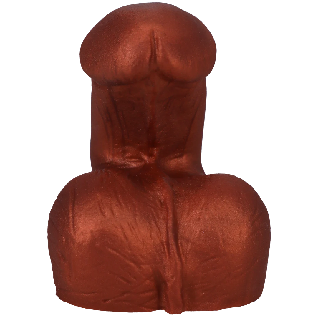 Realistic soft copper silicone packer with a smooth shaft and textured back.