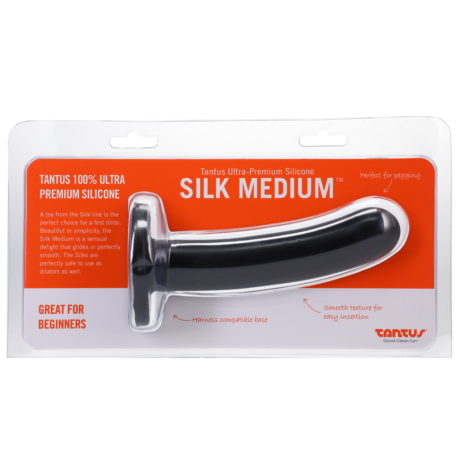 Black silicone dildo in packaging with product information.