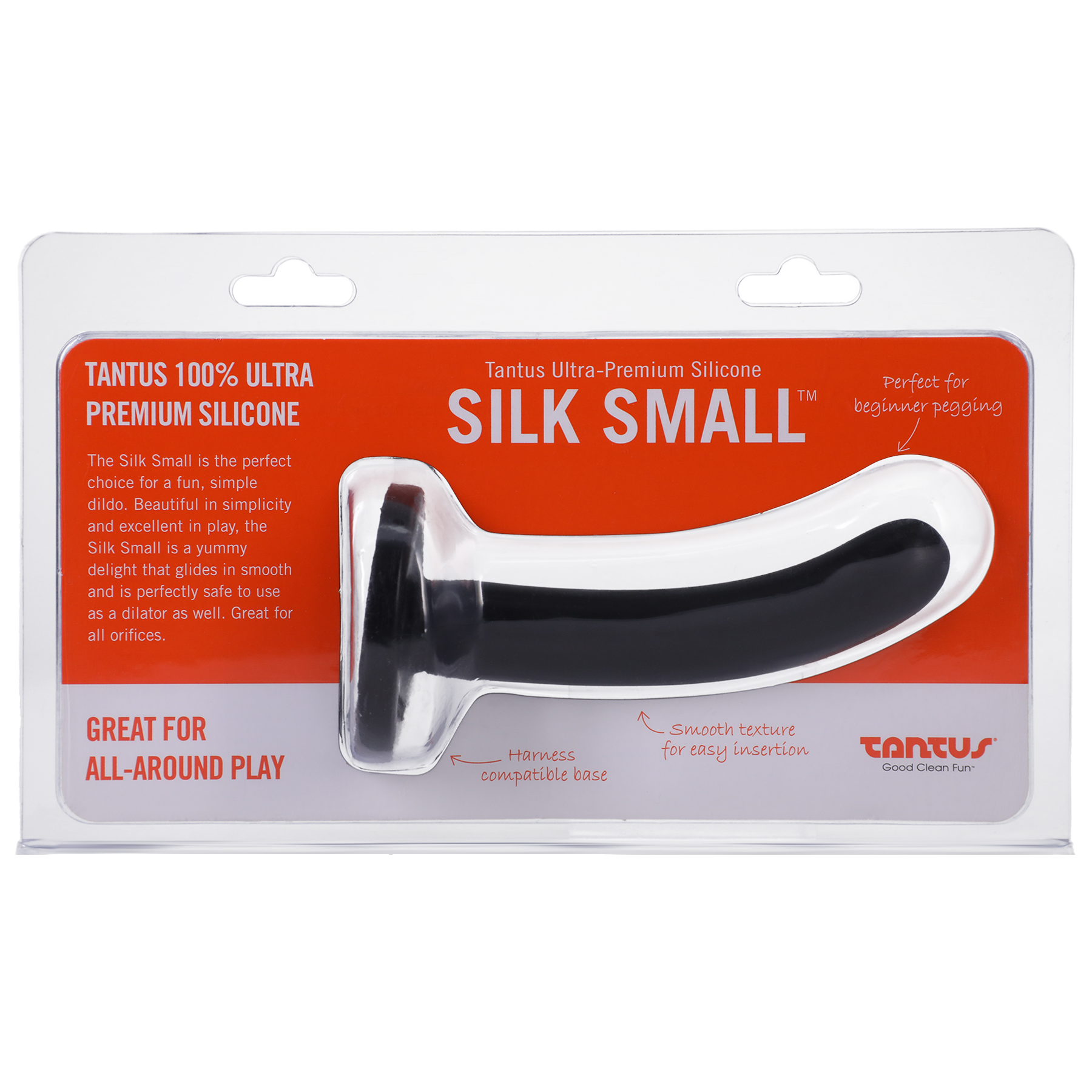 Black Tantus Silk Small silicone dildo in packaging.
