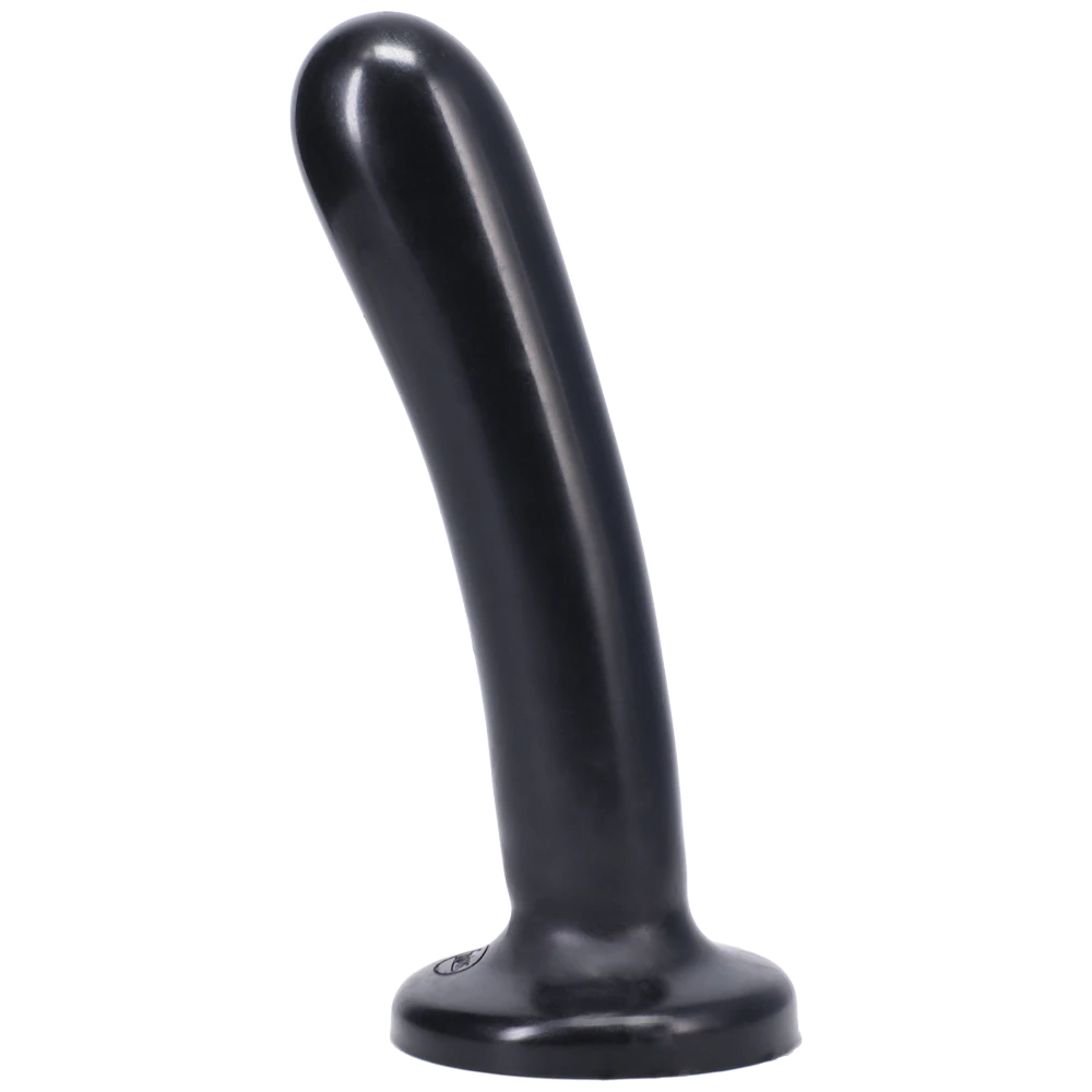 Curved black silicone dildo with a flared base.