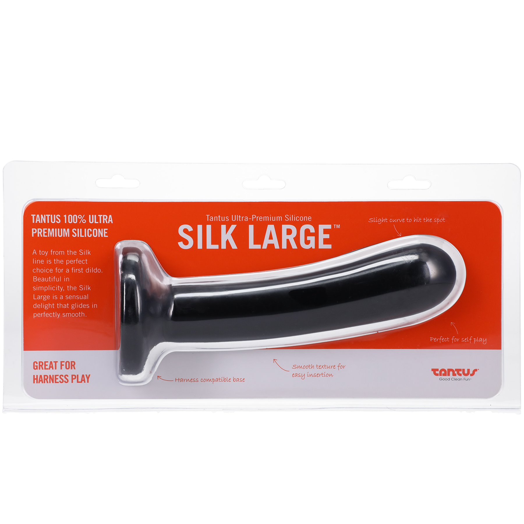 Black Tantus Silk Large silicone dildo in packaging with product details.