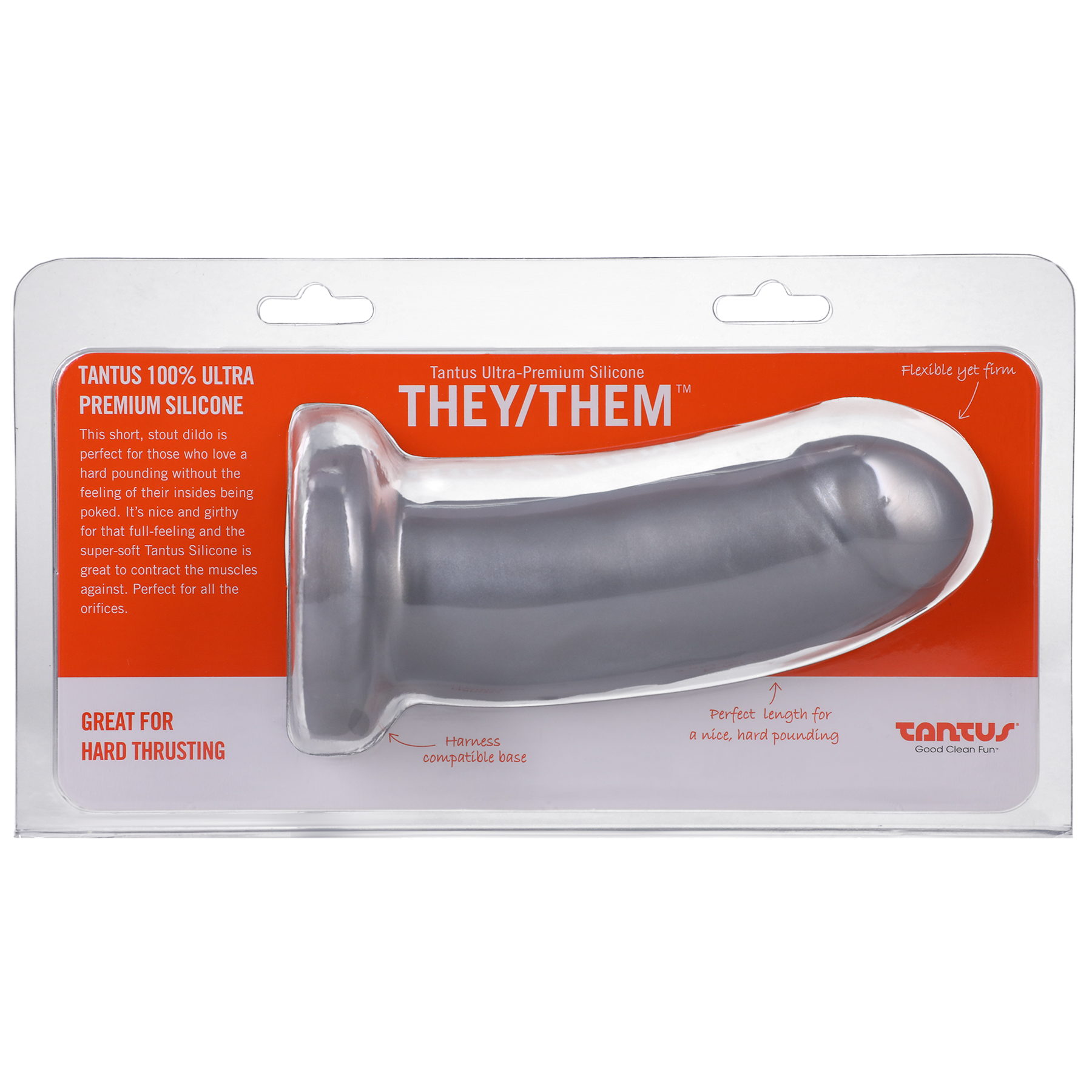 Silver They/Them soft silicone girthy dildo on Tantus packaging.