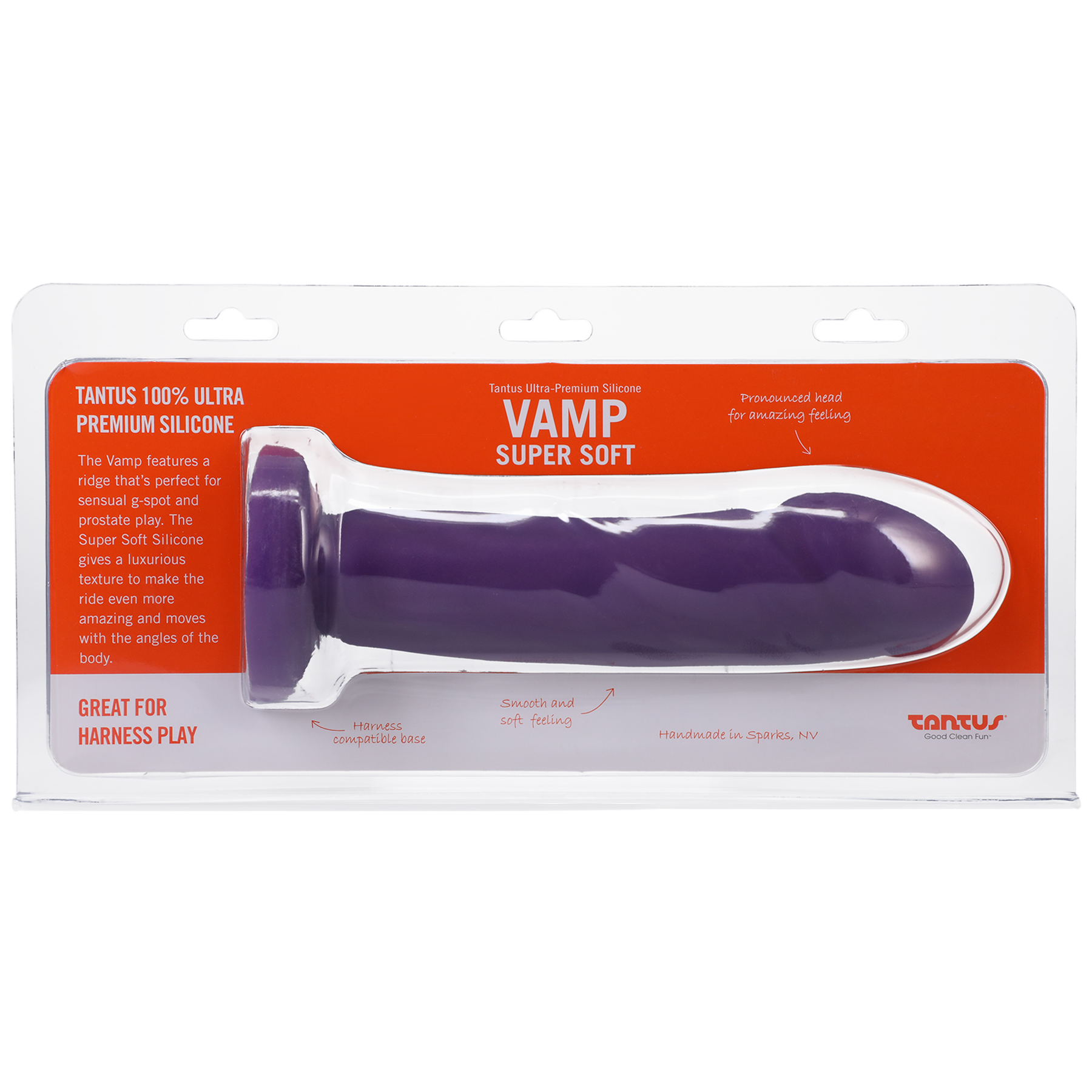 Purple realistic silicone dildo with a ridged head in packaging.