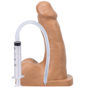 Honey-colored silicone squirting packer dildo with attached syringe and tubing.