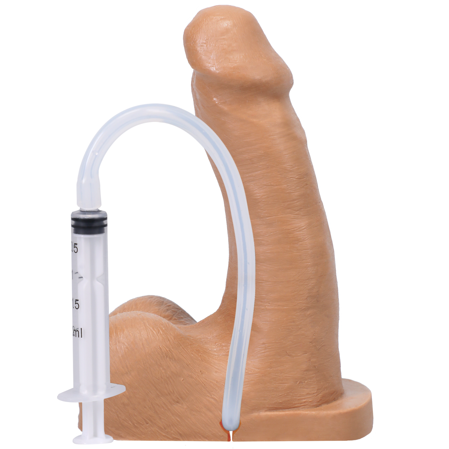 Honey-colored silicone squirting packer dildo with attached syringe and tubing.