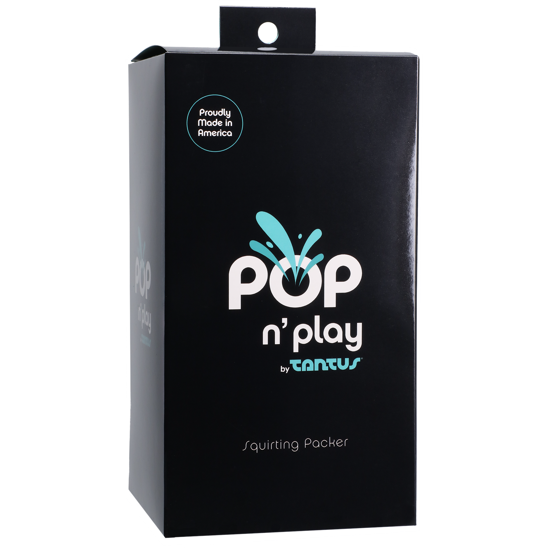 Black box packaging for a Tantus Pop N' Play squirting packer dildo.
