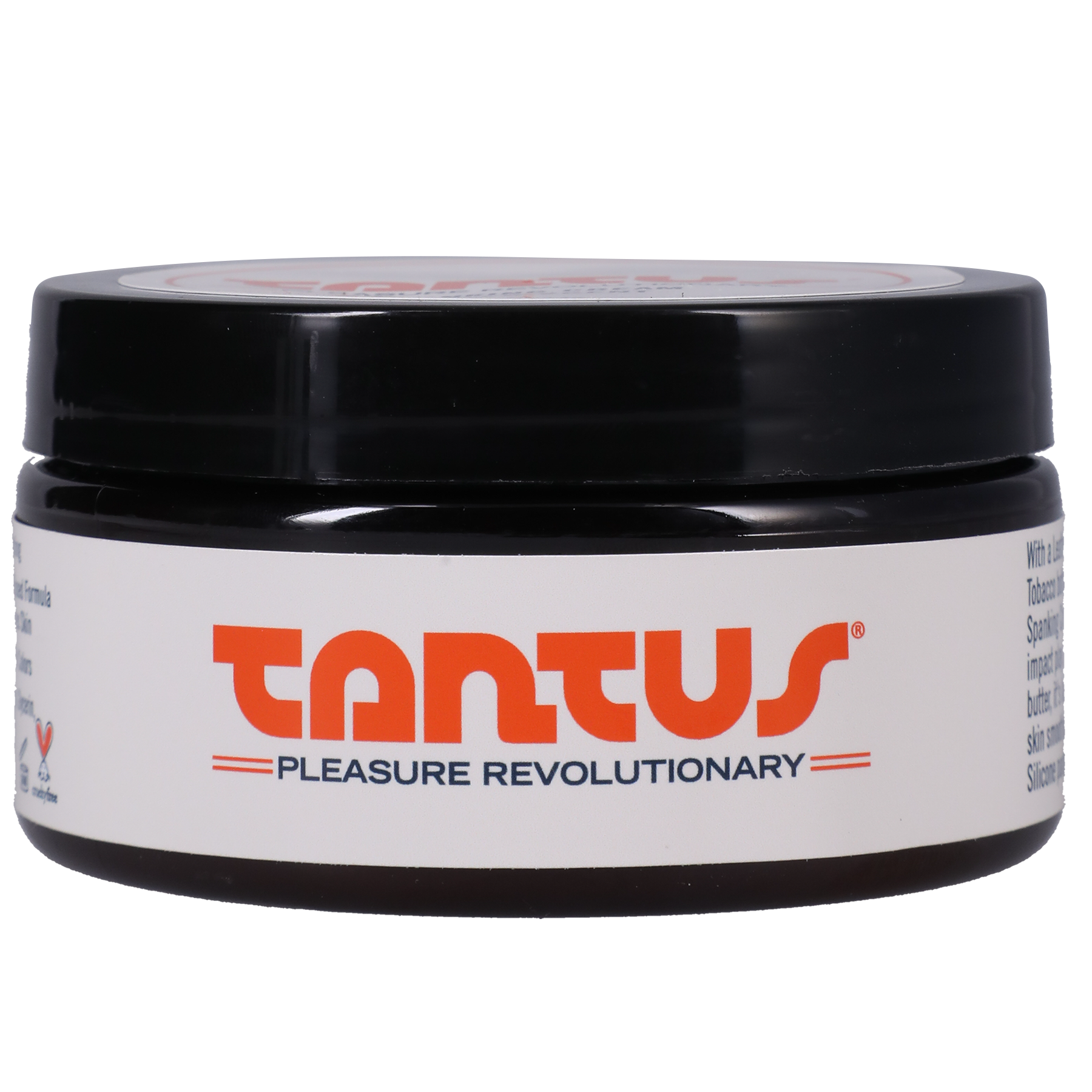 Tantus leather scented spanking cream in a black jar with a white label.