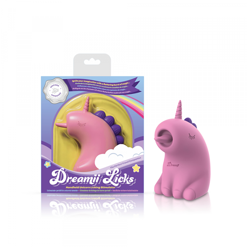 Pink unicorn licking stimulator with purple accents and a rainbow on the packaging.