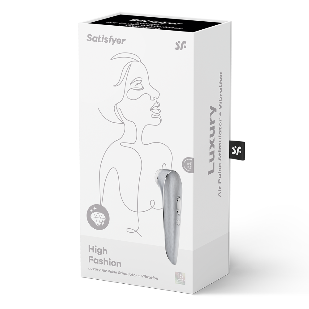 Silver Satisfyer High Fashion clitoral massager with line art of a woman.