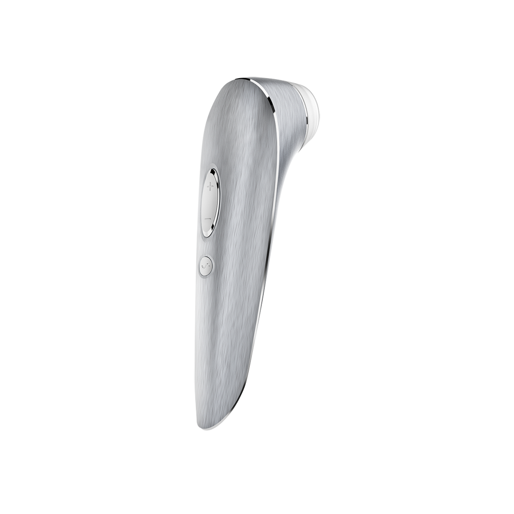 Silver clitoral massager with brushed aluminum finish and white buttons.