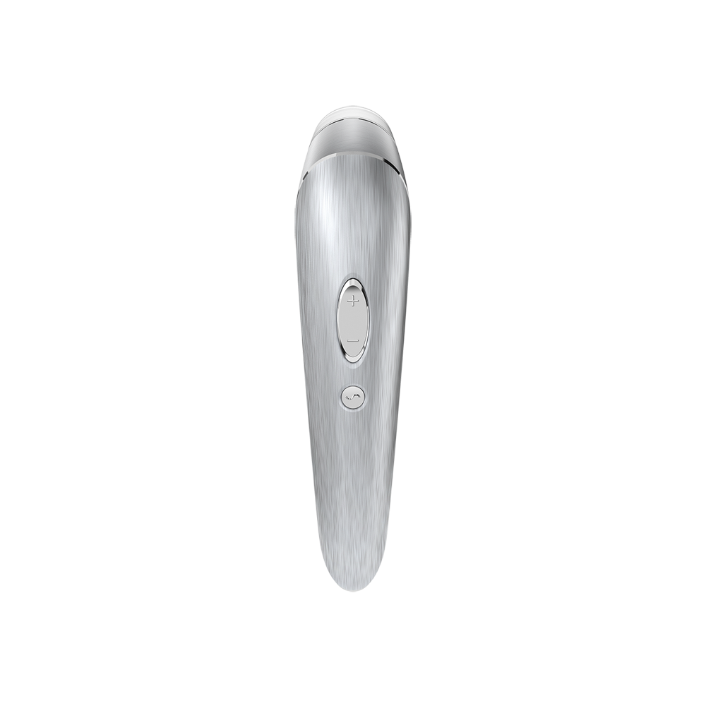 Silver clitoral massager with pressure wave and vibration features.