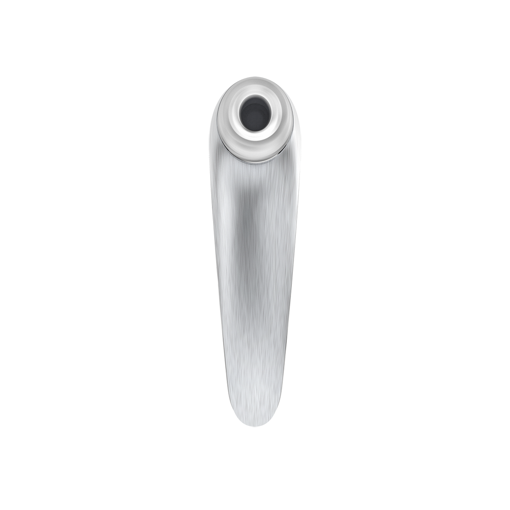Silver clitoral massager with a brushed aluminum finish.