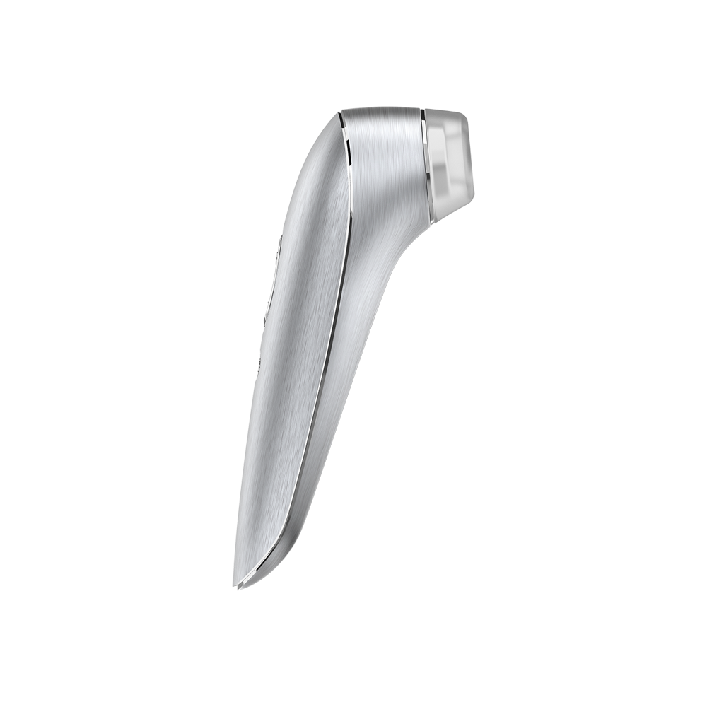 Silver clitoral massager with brushed aluminum finish.