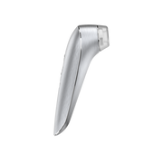 Silver clitoral massager with brushed aluminum finish.