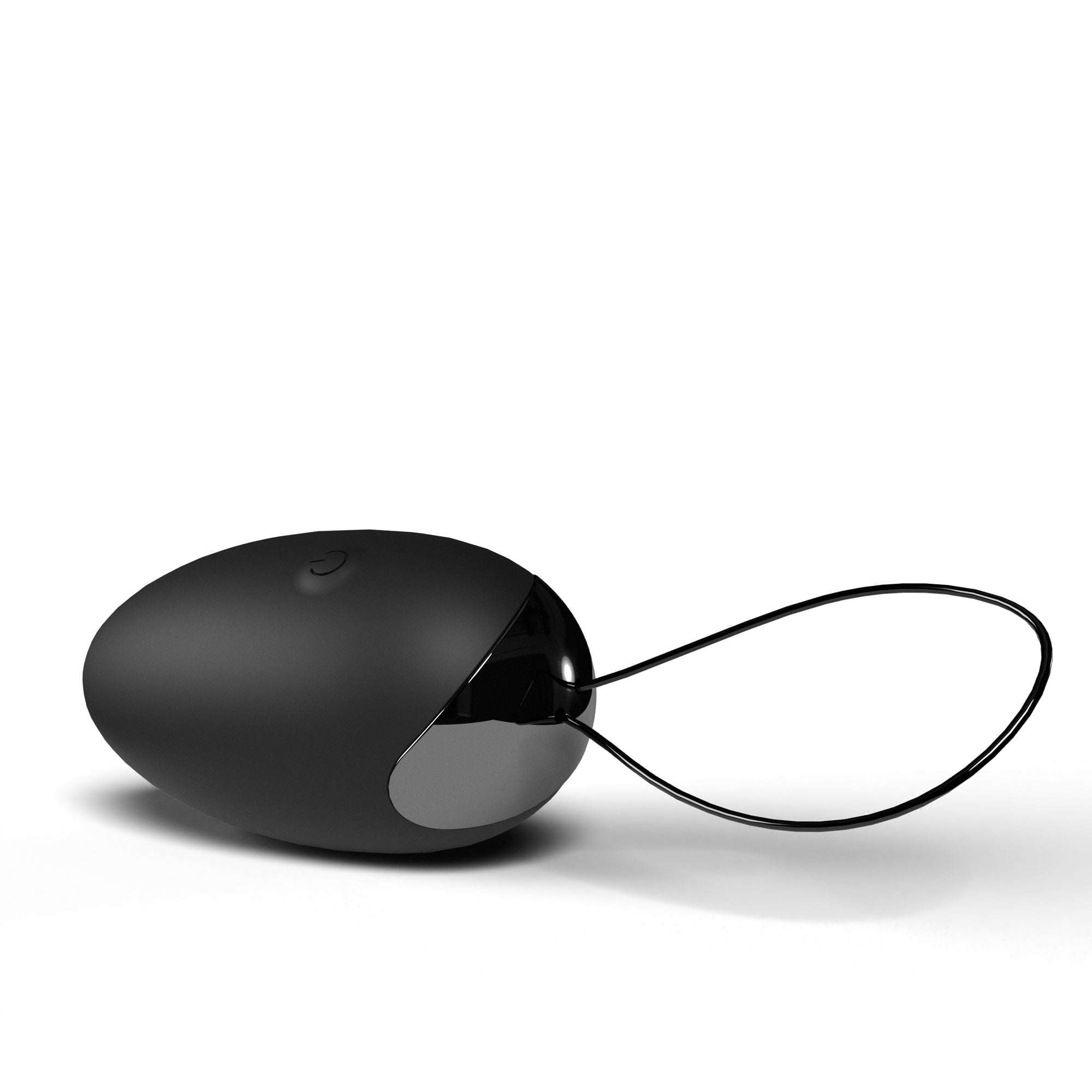 A black egg-shaped vibrator with a loop attached.