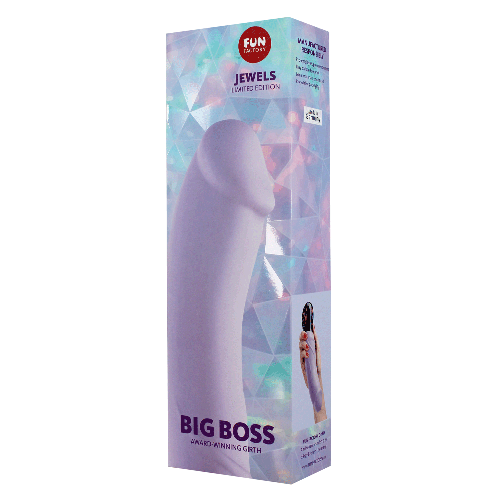 Amethyst Big Boss Jewel G-Spot vibrator by Fun Factory in its box.