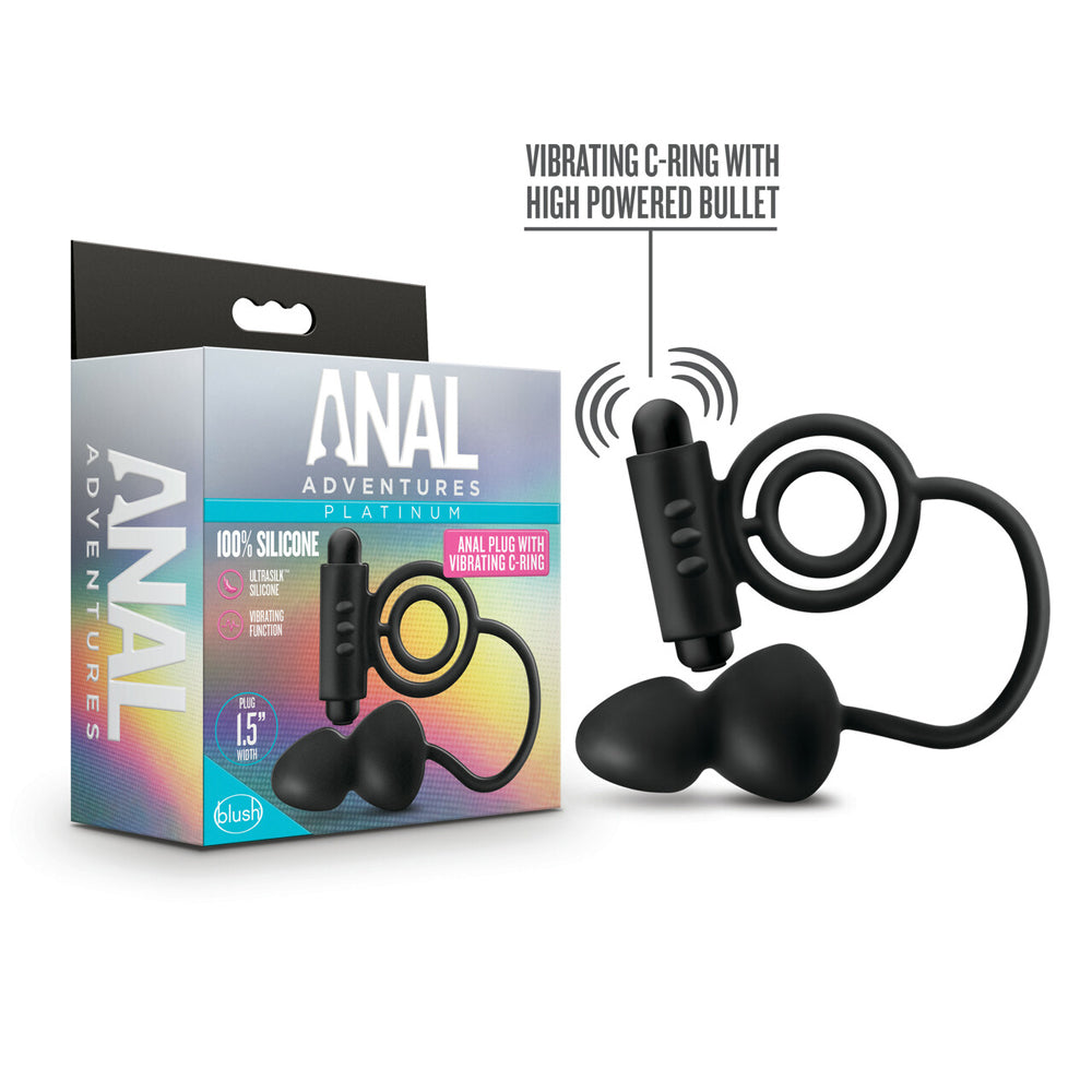 Black silicone anal plug with a vibrating C-ring and bullet vibrator.