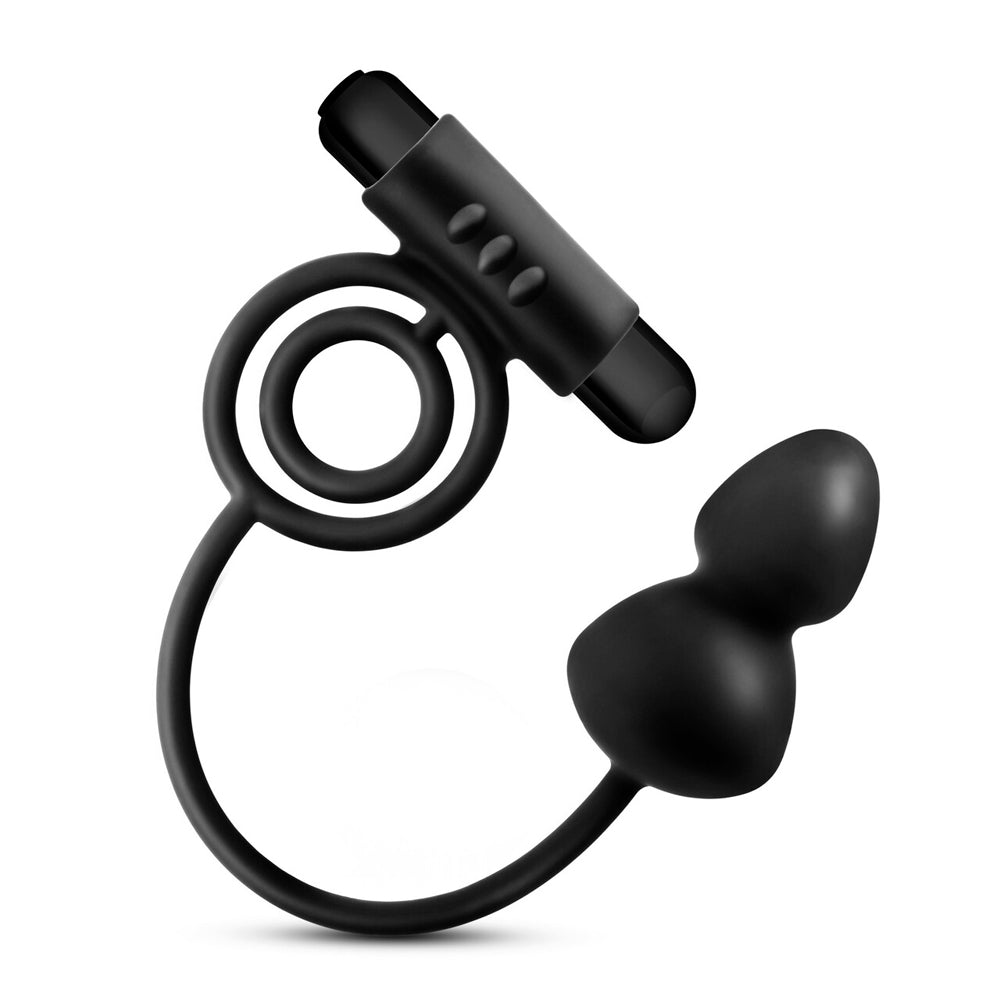 Black silicone anal plug with a vibrating C-ring.