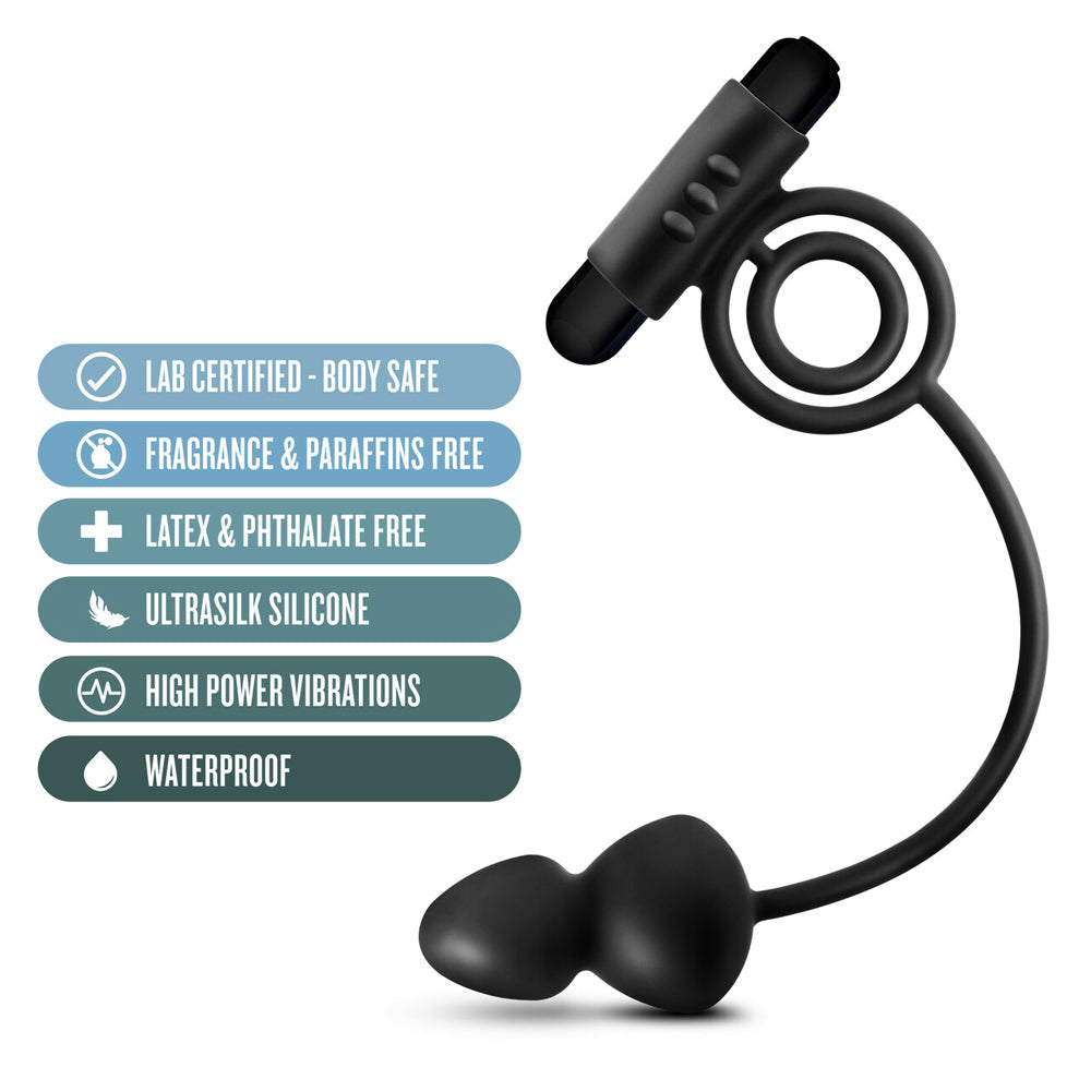 Black silicone anal plug and vibrating C-ring set with product features listed.