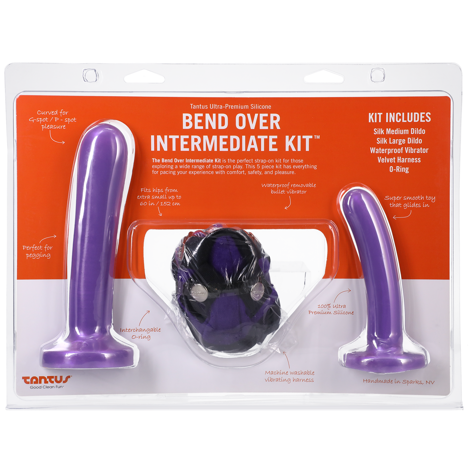 Intermediate silicone strap-on kit with two dildos and vibrating harness.