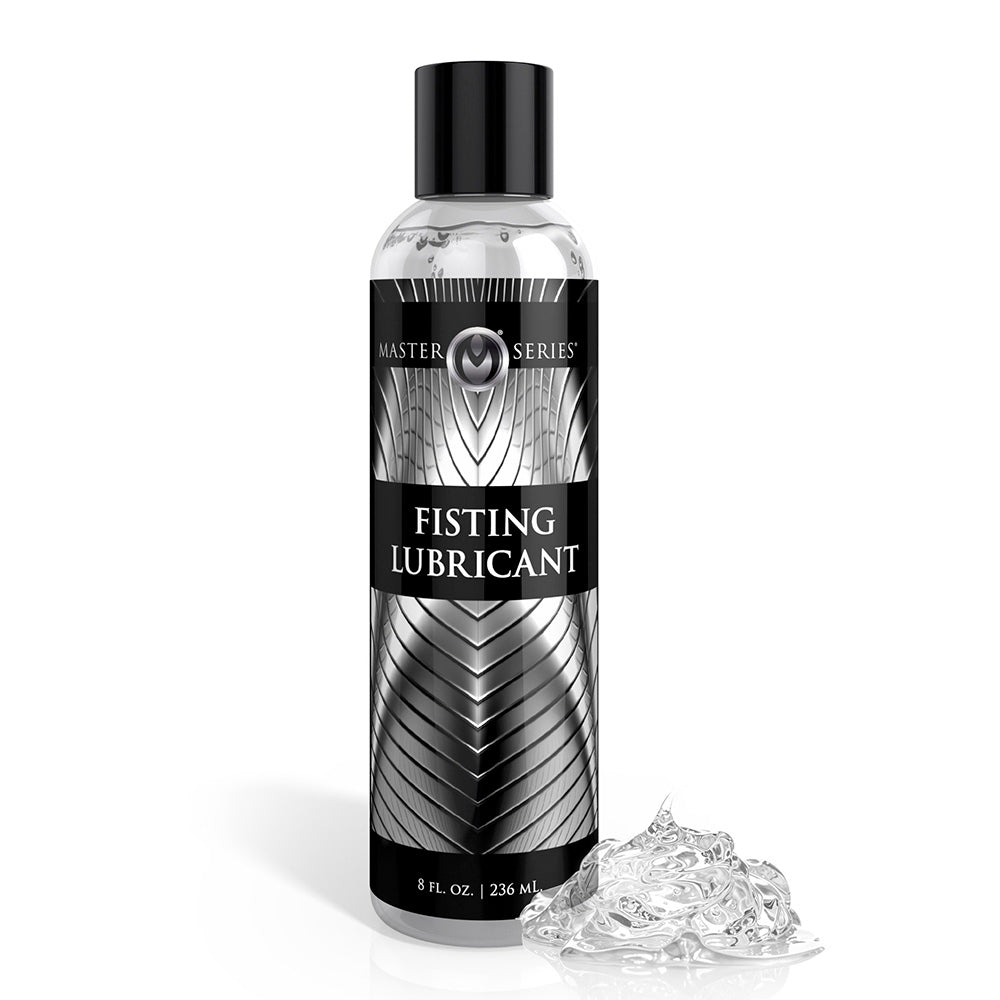 Master Series fisting lubricant in a clear bottle with a black cap, 8 fl oz.